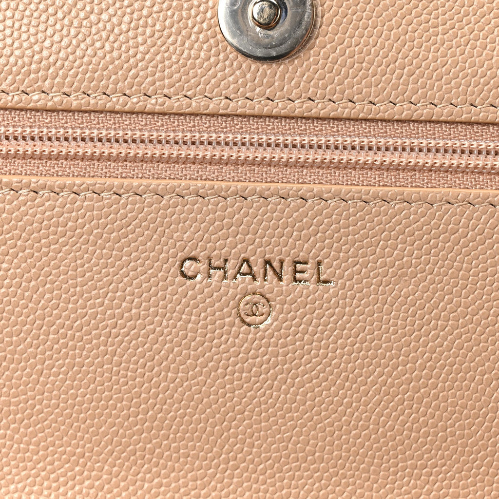Chanel Caviar Quilted Crystal CC Wallet On Chain WOC Beige