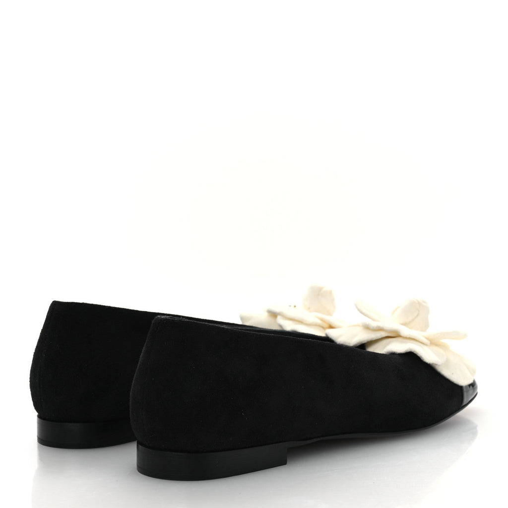 Chanel Suede Patent Cap Toe Camellia Ballerina Flats 36.5 Black White