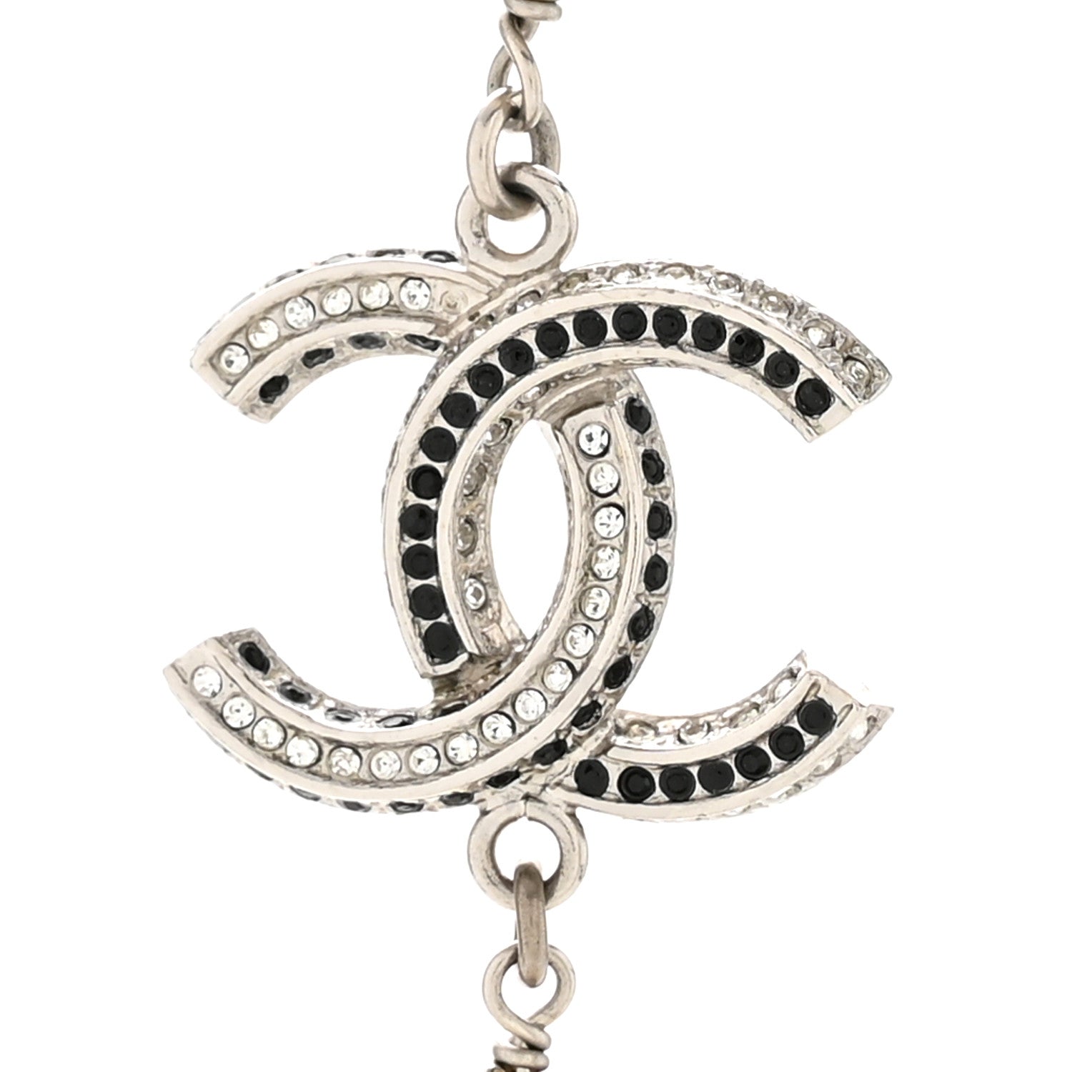 Metal Pearl Crystal Bead CC Long Necklace Black Silver