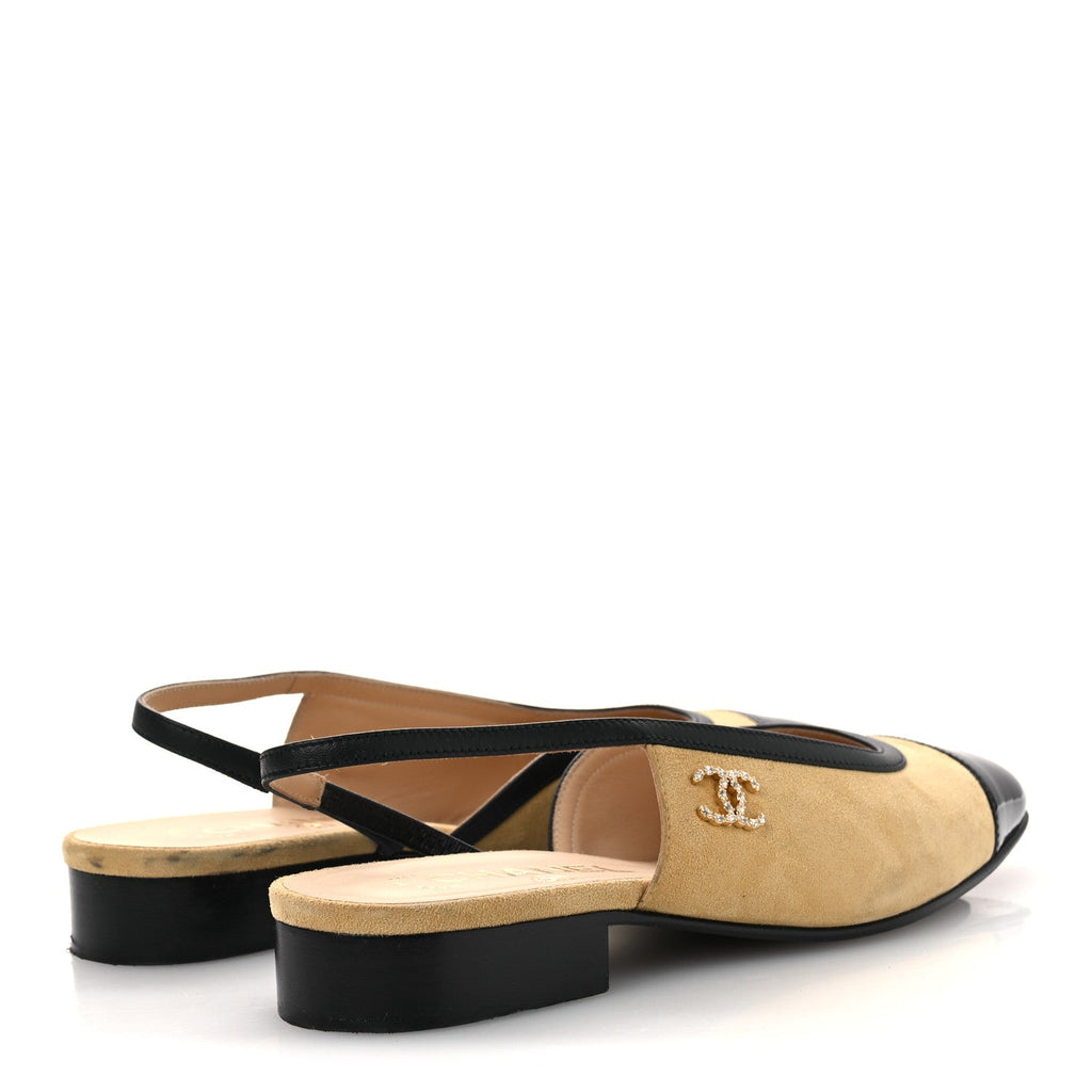 Chanel Suede Patent Crystal CC Cap Toe Slingback Flats 37 Beige Black