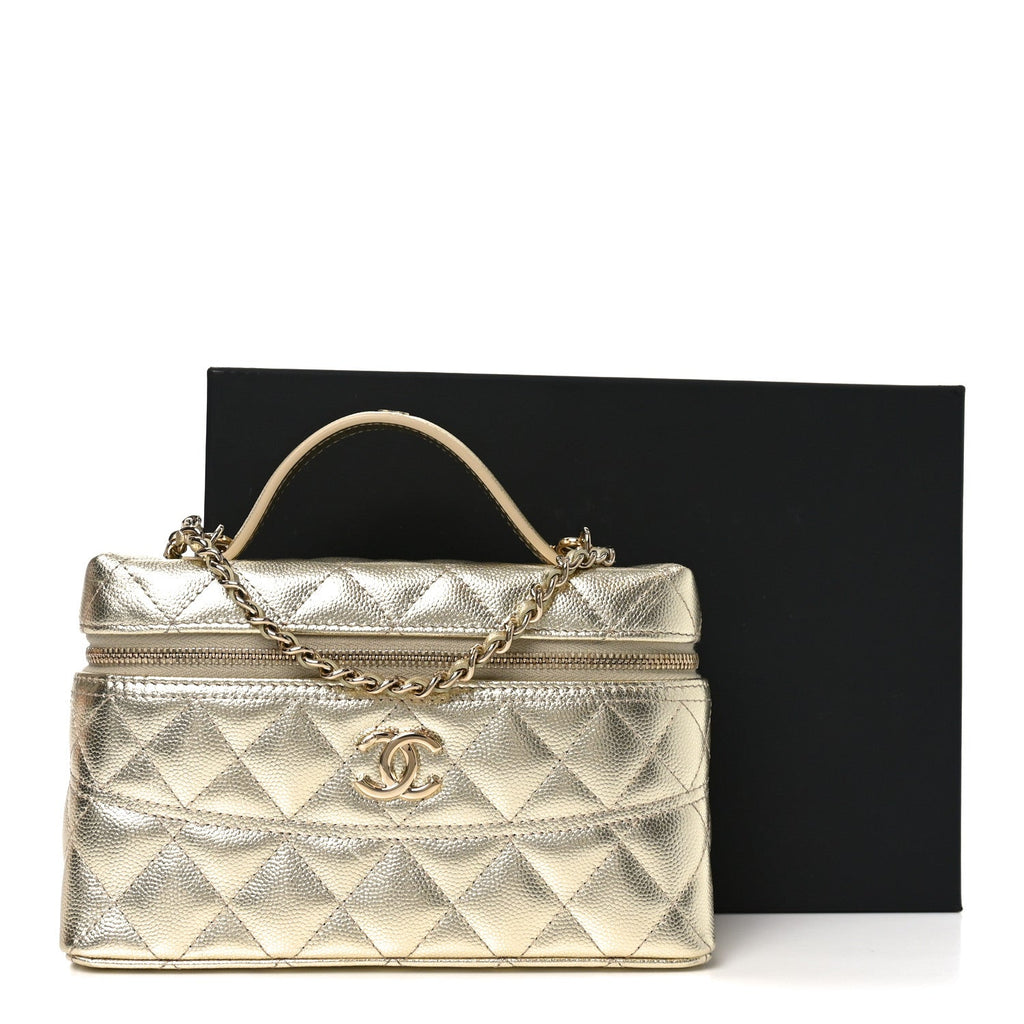Chanel Metallic Caviar Quilted Trendy Handle Slim Vanity Light Golden