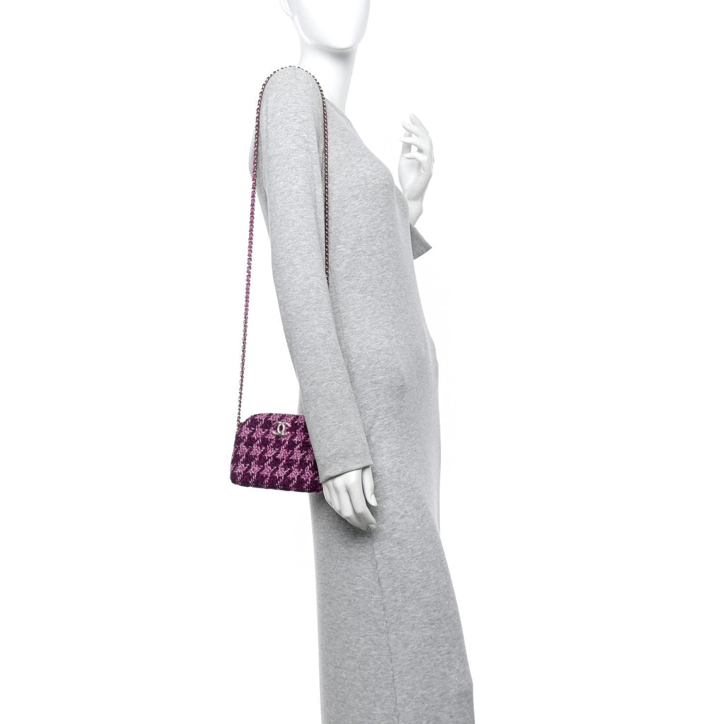 Chanel Tweed Quilted Mini Clutch With Chain Purple
