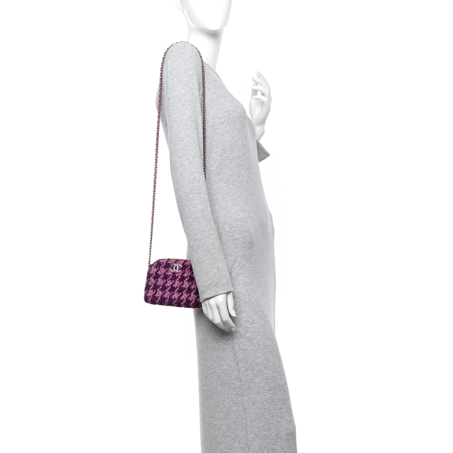Chanel Tweed Quilted Mini Clutch With Chain Purple
