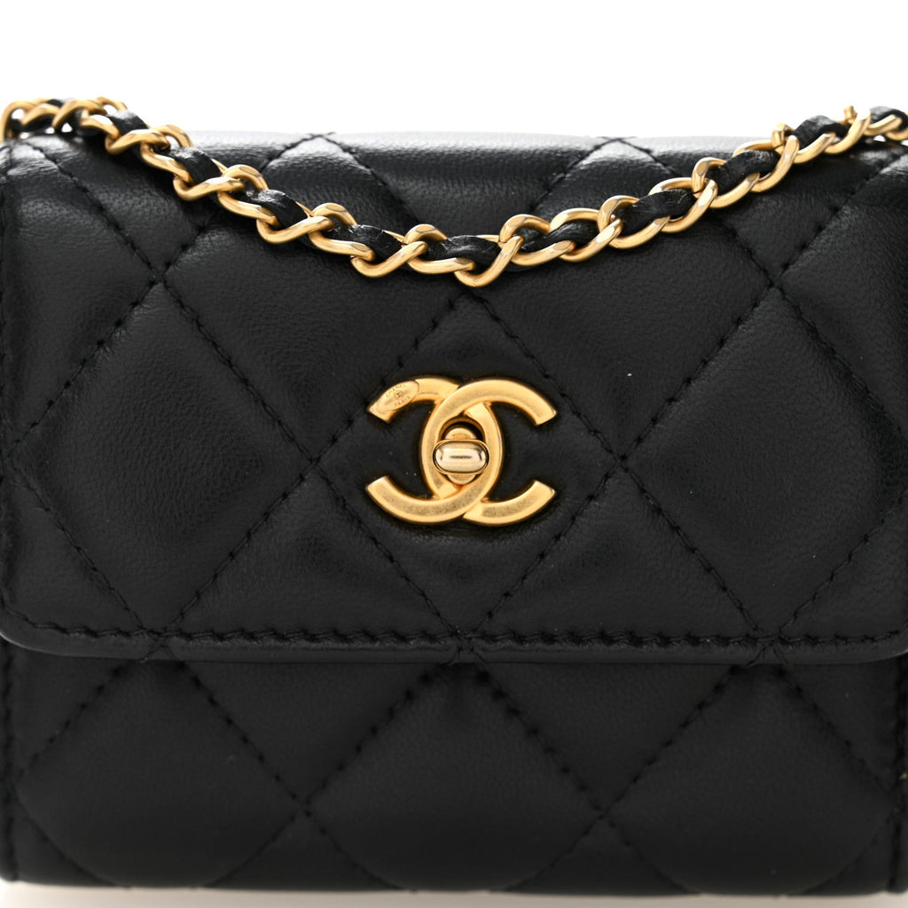 Chanel Lambskin Quilted Pearl Crush Card Holder With Chain Black