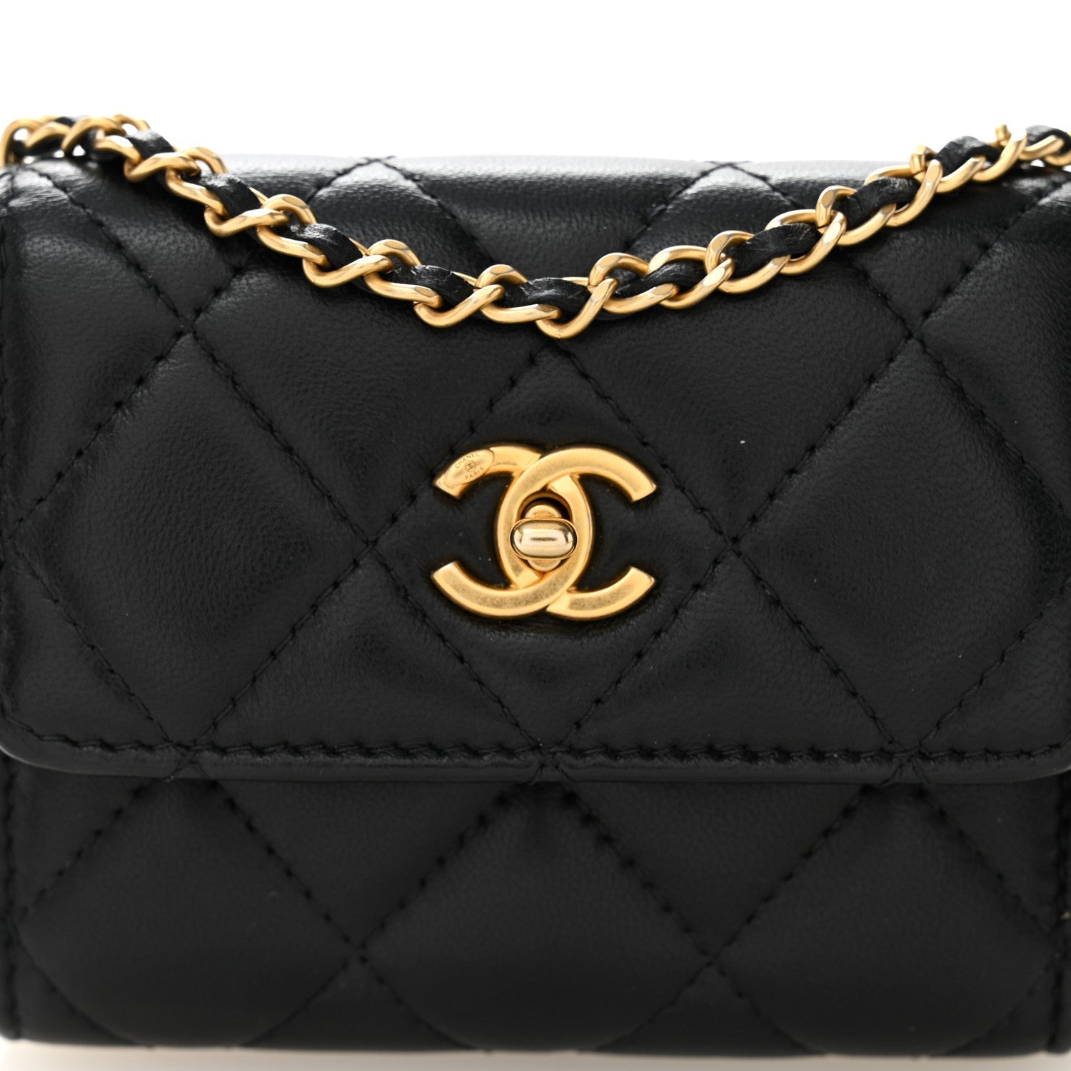 Chanel Lambskin Quilted Pearl Crush Card Holder With Chain Black