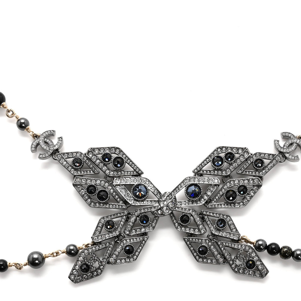 Metal Glass Pearls Strass CC Multi Strand Butterfly Chain Belt Ruthenium Gold Multicolor