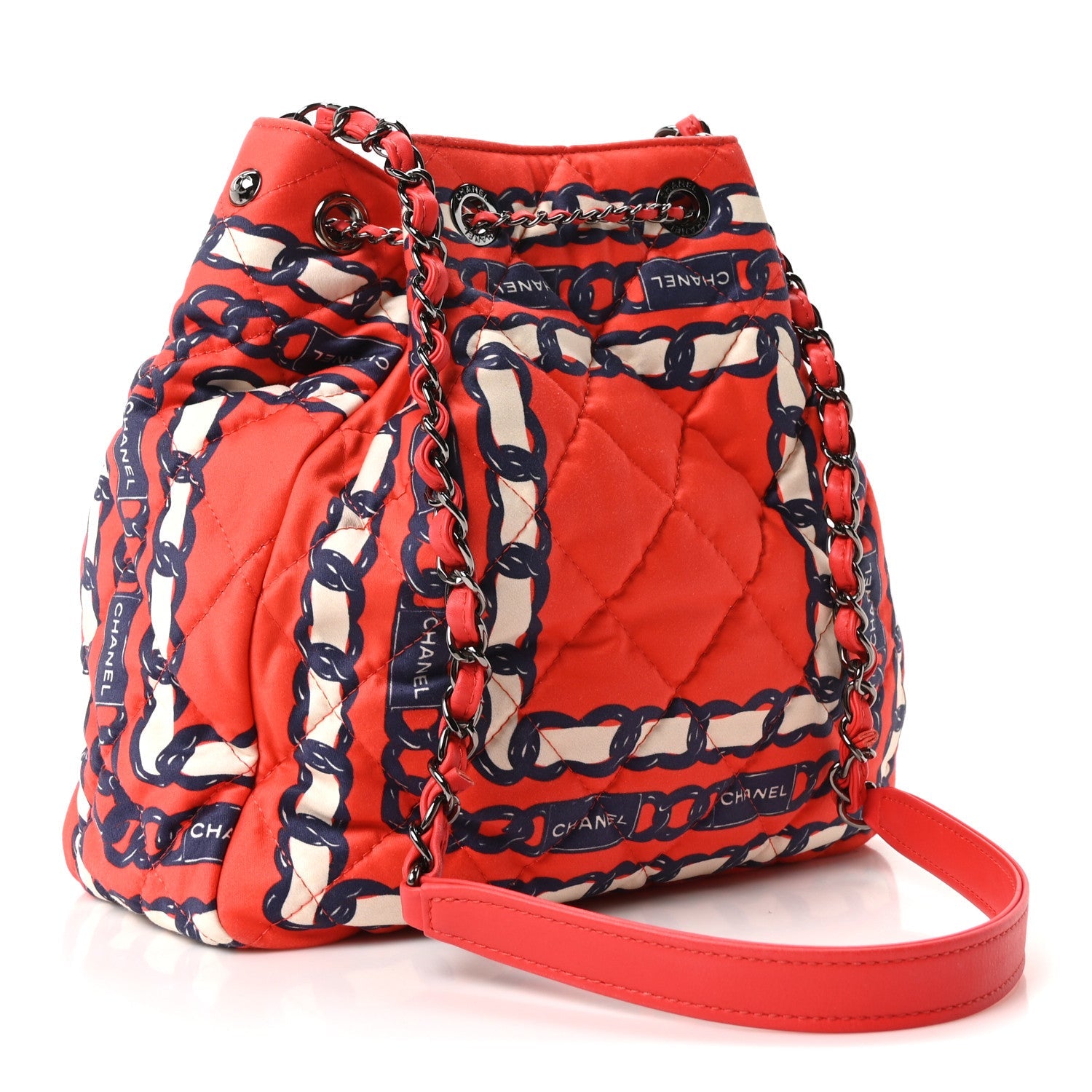 Chanel Silk Quilted Chain Printed Bucket Bag Red