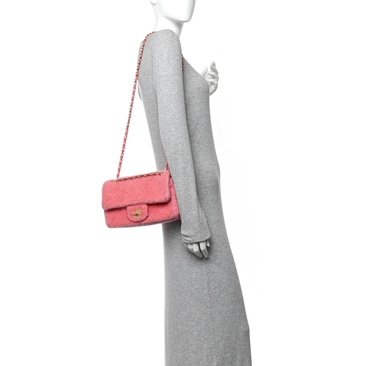 Chanel Shearling Tweed Quilted Medium Flap Bag Light Pink