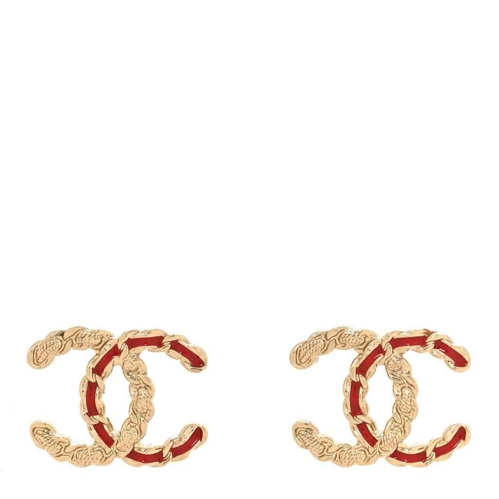 Enamel Metal Chain French New Wave CC Earrings Red Gold