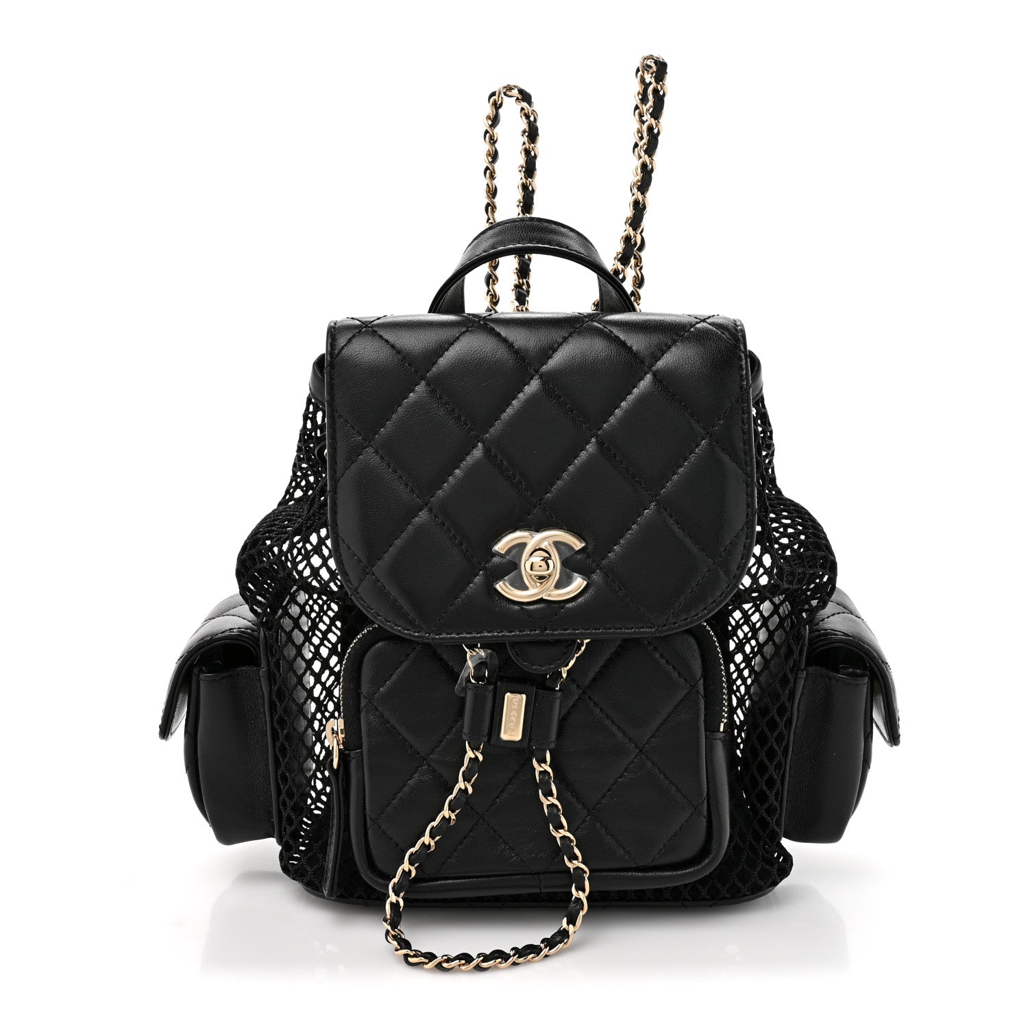 Chanel Shiny Lambskin Mesh Quilted Small Cargo Duma Drawstring Backpack Black