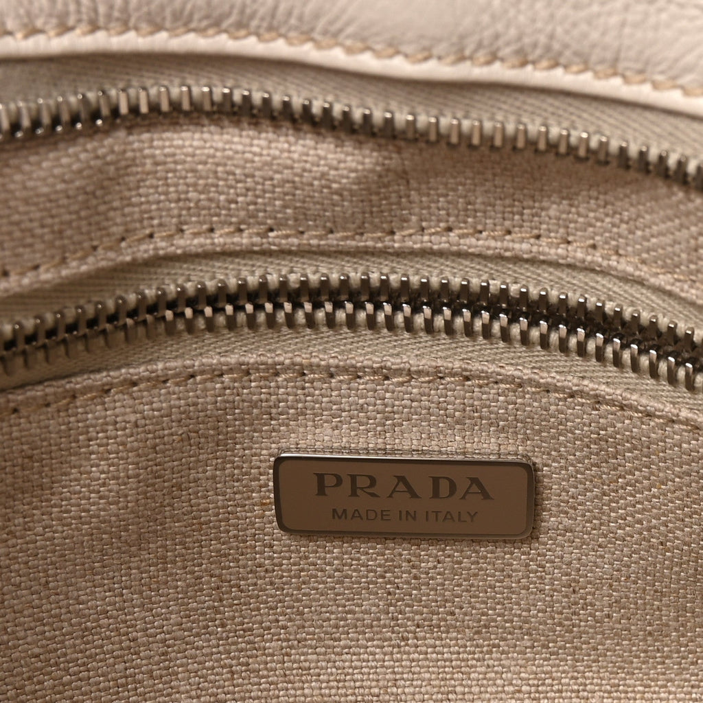 Prada Linen Calfskin Triangle Mini Bonnie Hand Bag White