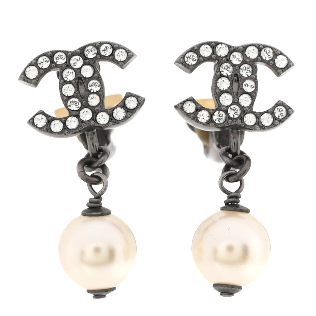Pearl Crystal CC Drop Clip On Earrings Silver