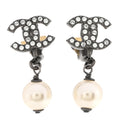 Pearl Crystal CC Drop Clip On Earrings Silver