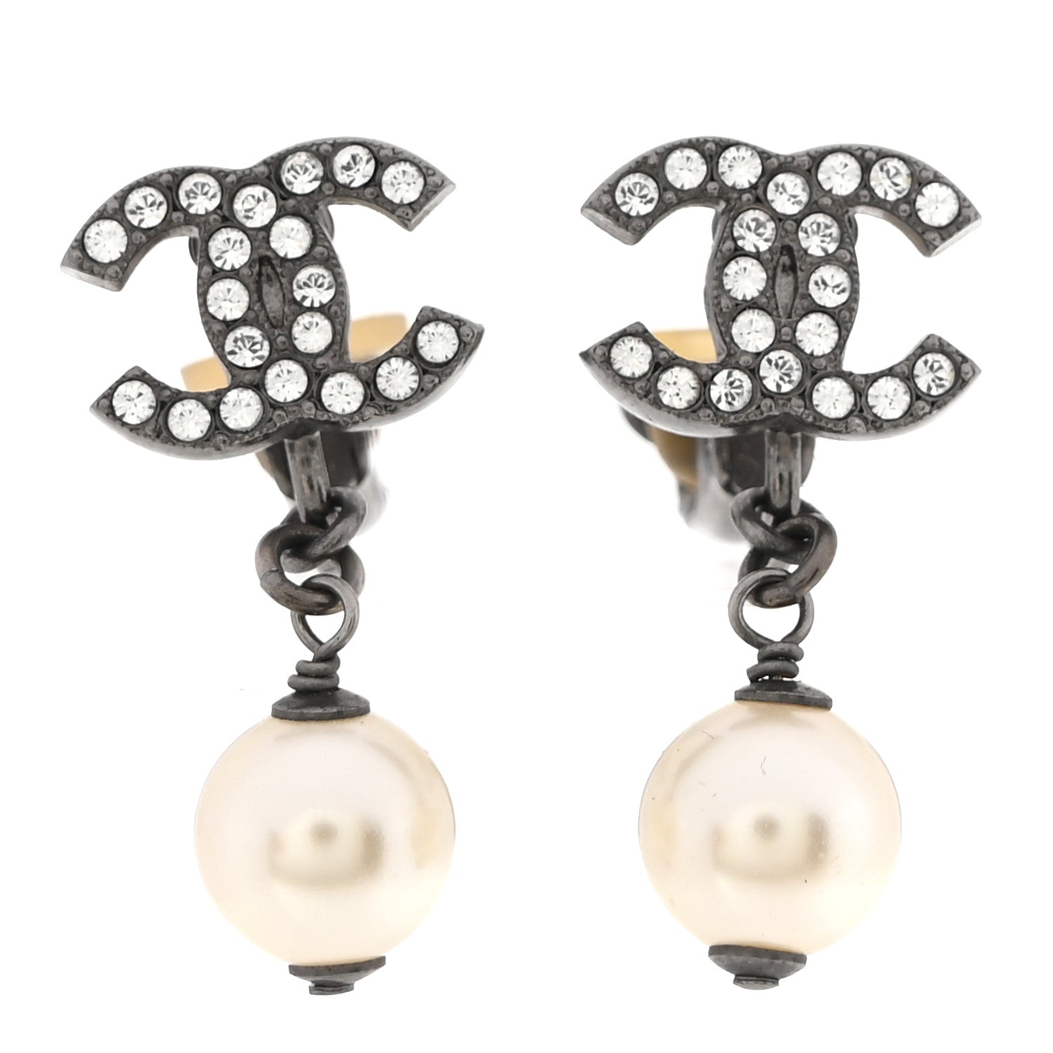 Pearl Crystal CC Drop Clip On Earrings Silver