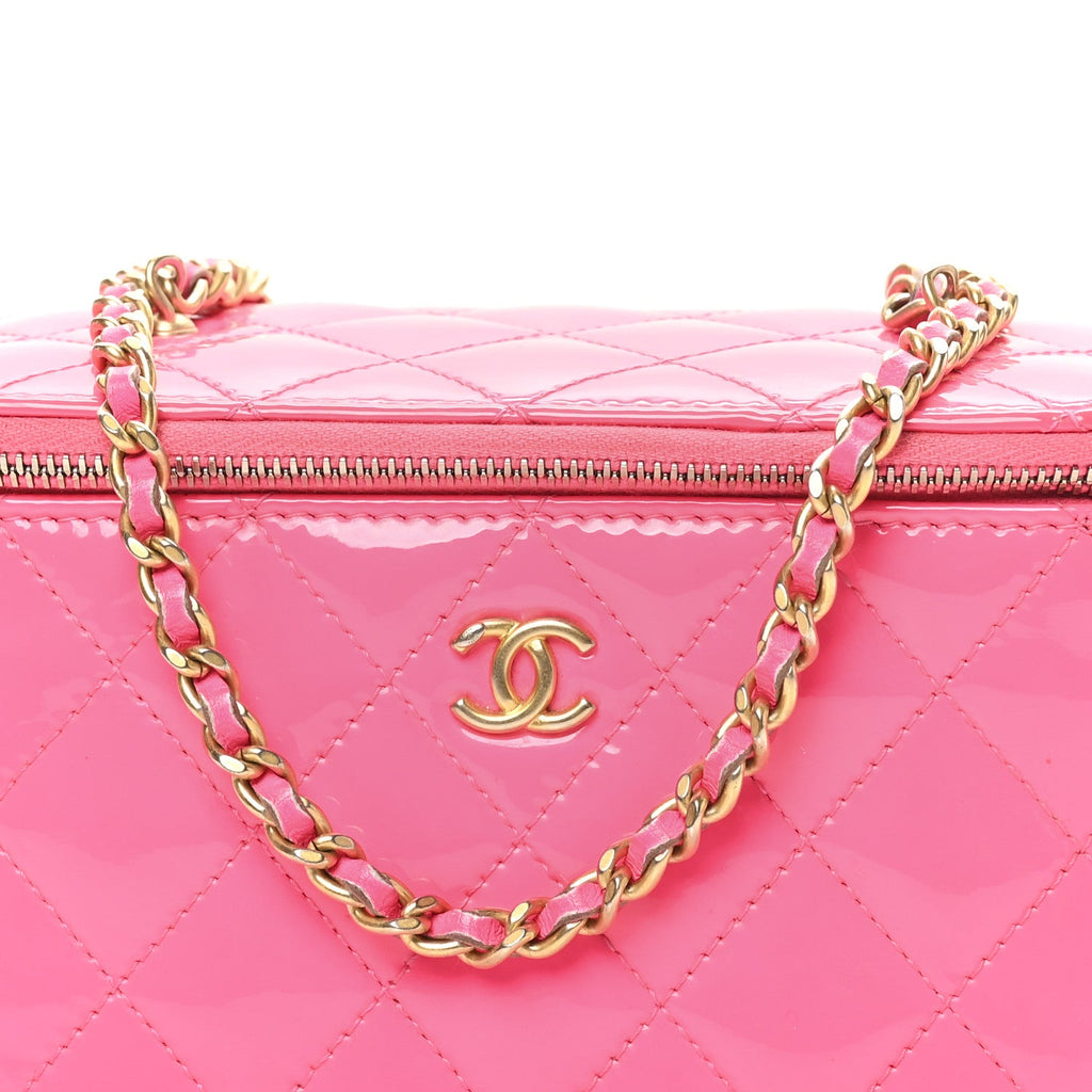 Chanel Patent Quilted Pearl Crush Small Vanity Case With Chain Neon Pink