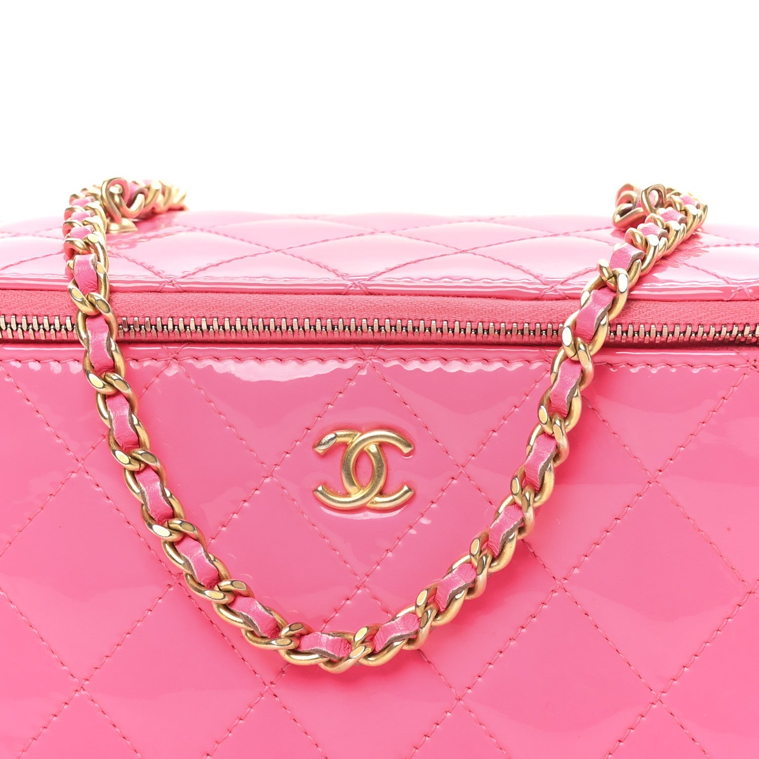 Chanel Patent Quilted Pearl Crush Small Vanity Case With Chain Neon Pink