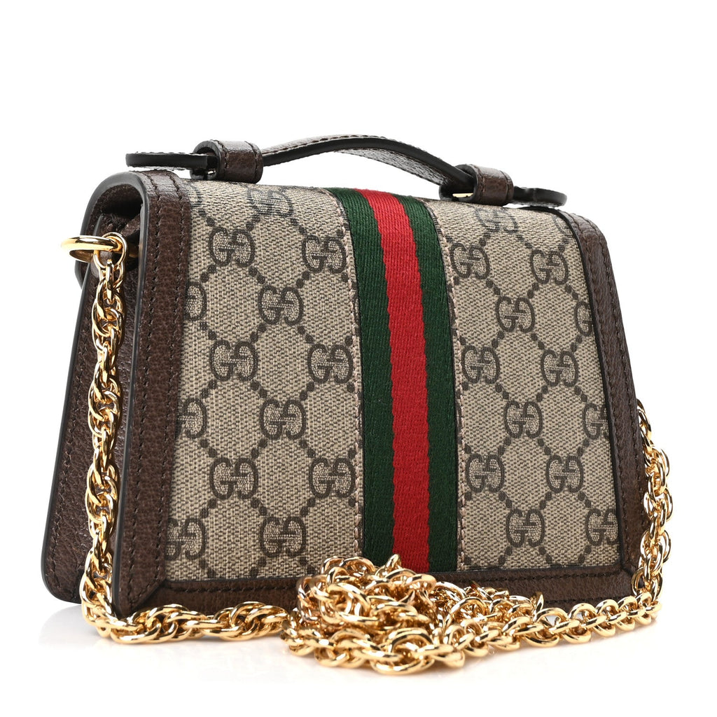 Gucci GG Supreme Monogram Textured Dollar Calfskin Web Mini Ophidia Padlock Top Handle Chain Shoulder Bag Beige Ebony New Acero