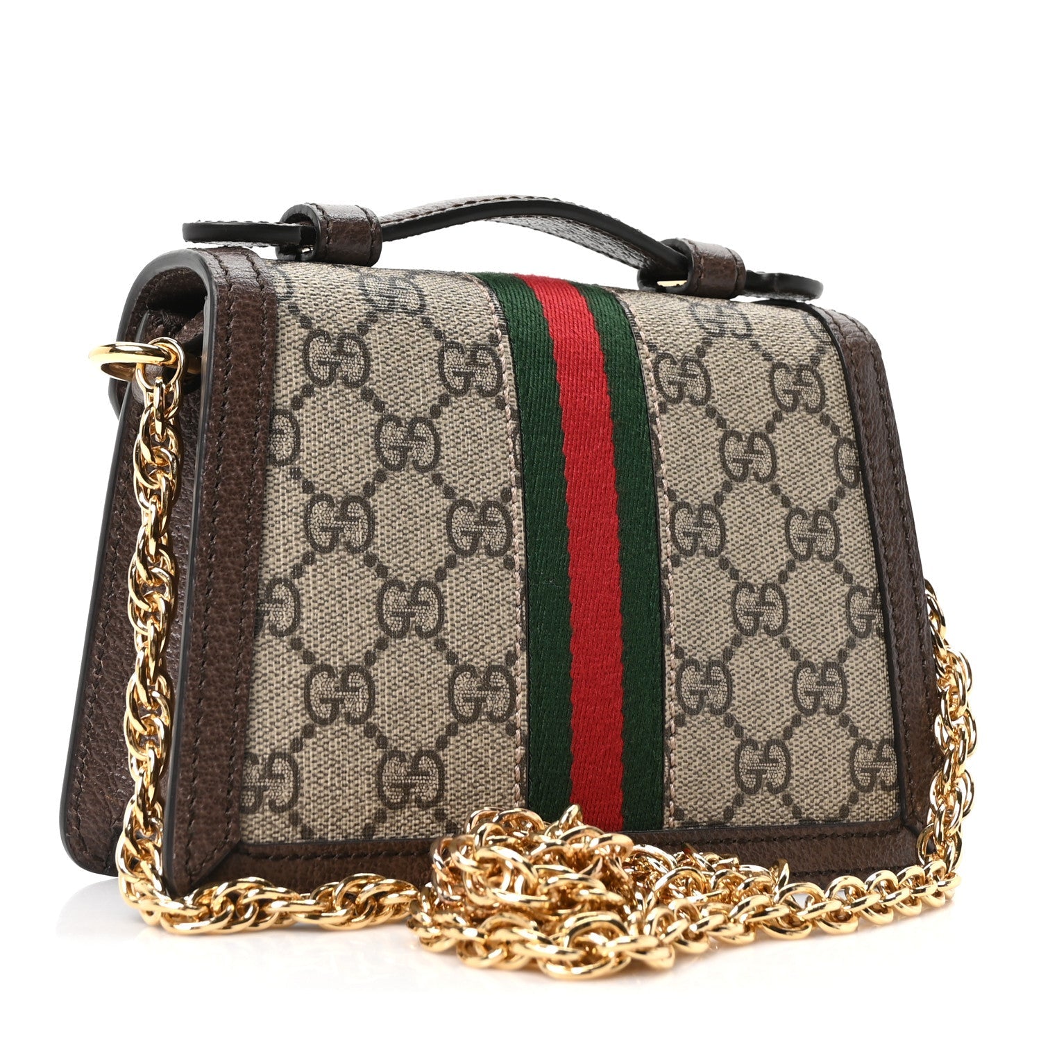 Gucci GG Supreme Monogram Textured Dollar Calfskin Web Mini Ophidia Padlock Top Handle Chain Shoulder Bag Beige Ebony New Acero