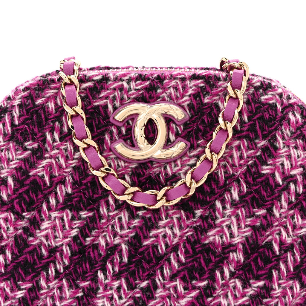 Chanel Tweed Quilted Mini Clutch With Chain Purple