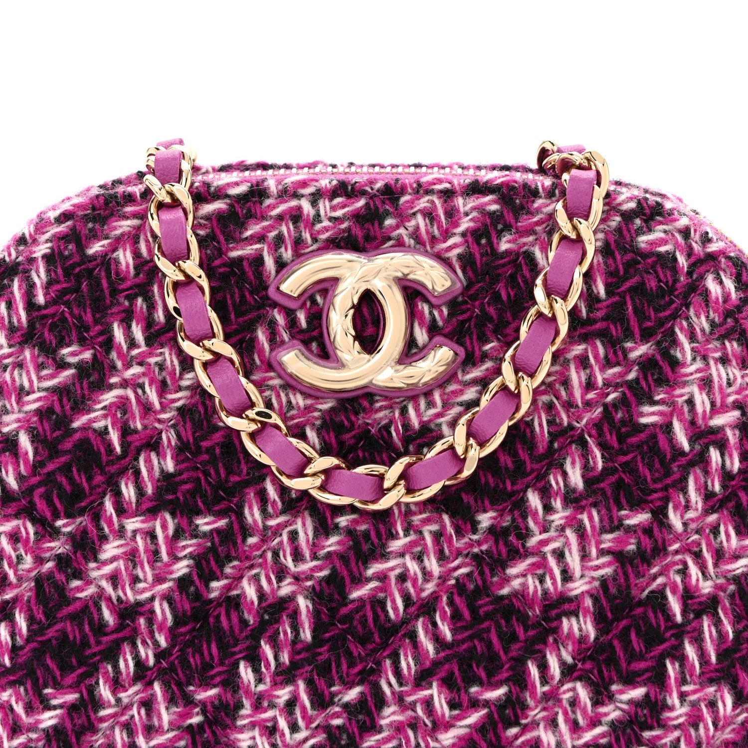 Chanel Tweed Quilted Mini Clutch With Chain Purple
