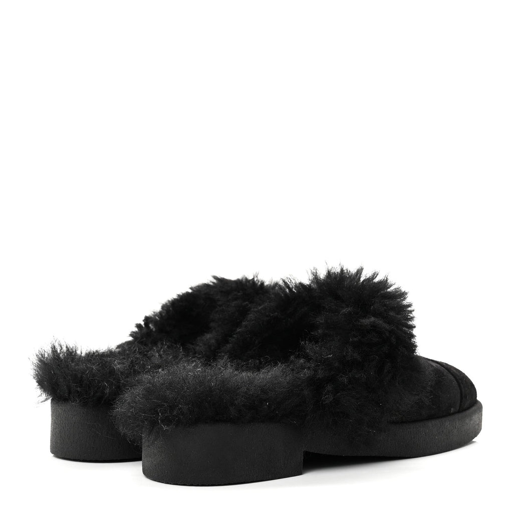 Chanel Suede Shearling CC Cap Toe Mules 36 Black