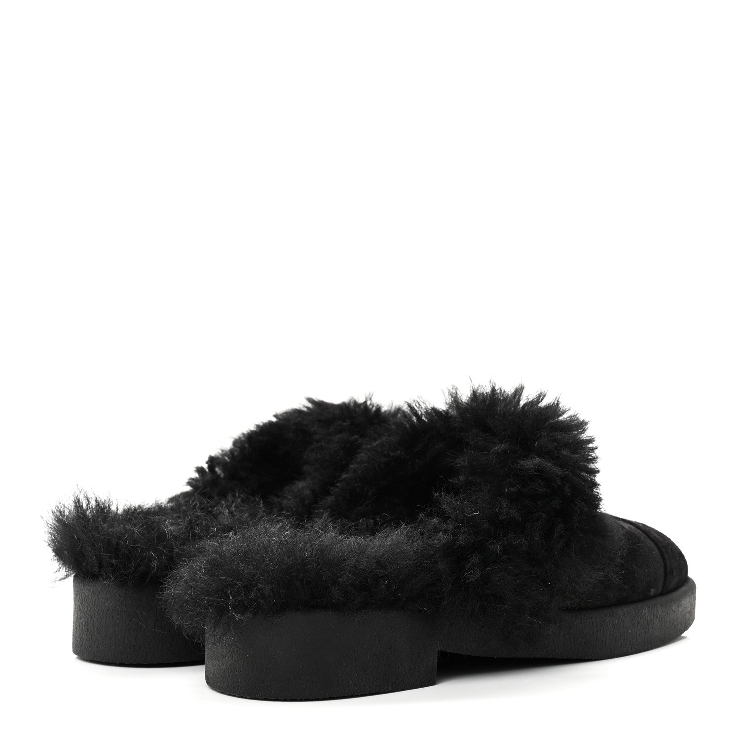 Chanel Suede Shearling CC Cap Toe Mules 36 Black