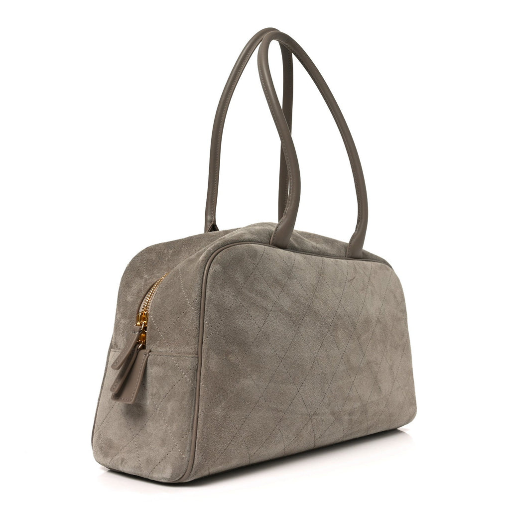 Chanel Suede Calfskin Quilted Large Perfect Bowling Bag Grey