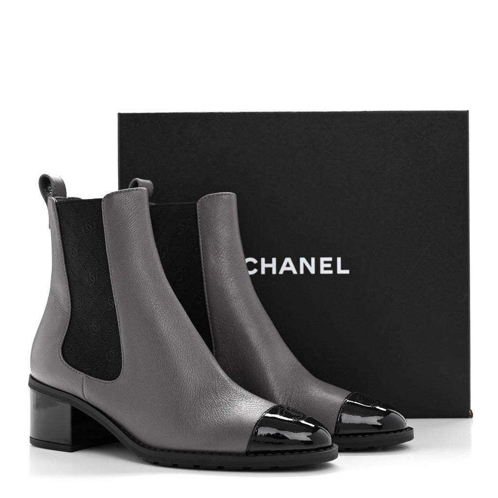Calfskin Patent Cap Toe CC Short Boots 39 Grey Black