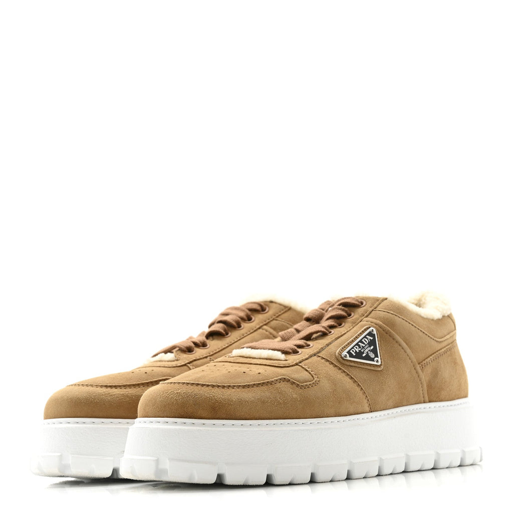 Prada Suede Shearling Triangle Logo Downtown Sneakers 40 Ecru
