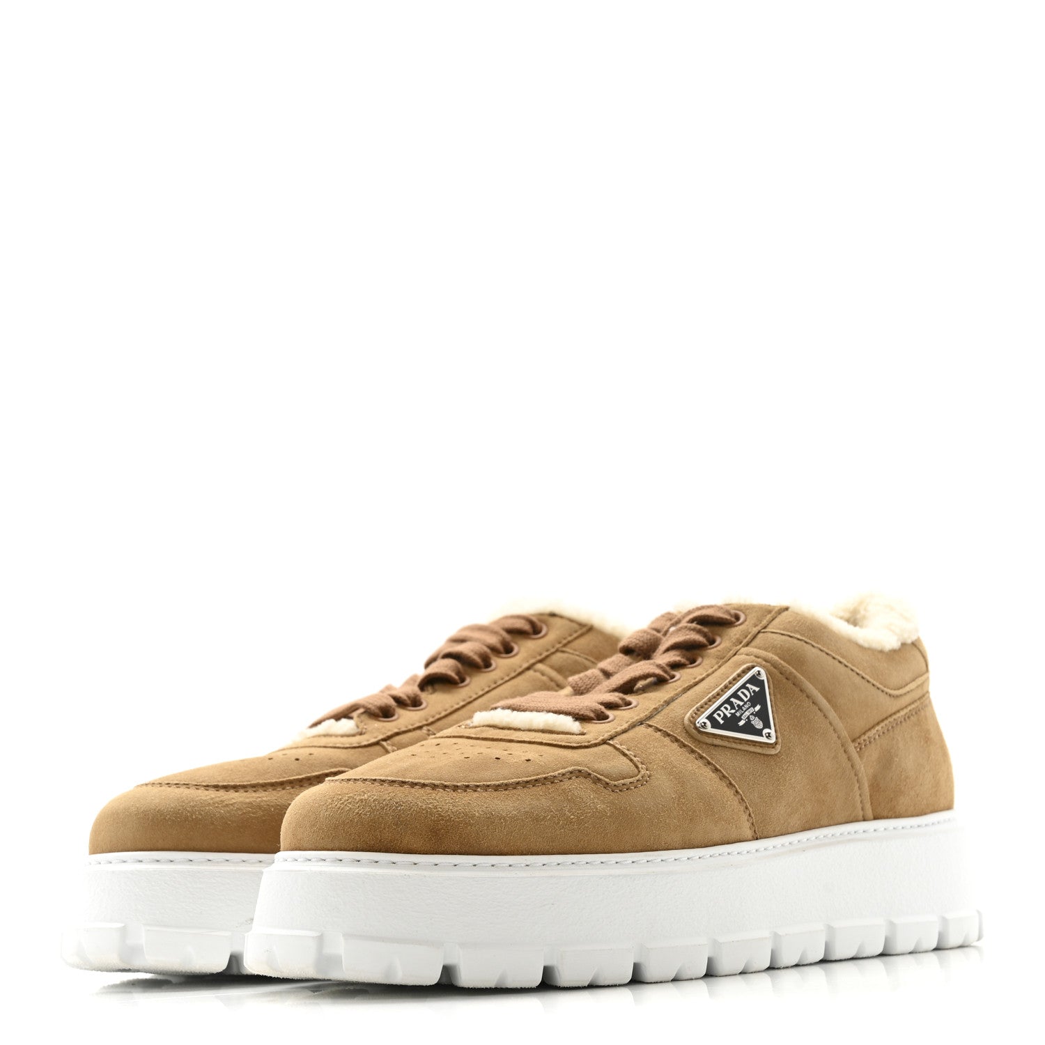 Prada Suede Shearling Triangle Logo Downtown Sneakers 40 Ecru
