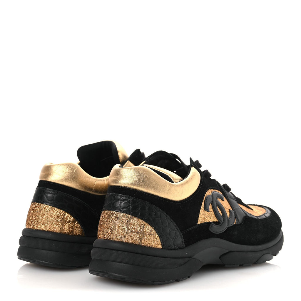 Metallic Fabric Suede Calfskin Crocodile Embossed Mens CC Sneakers 45 Black Gold