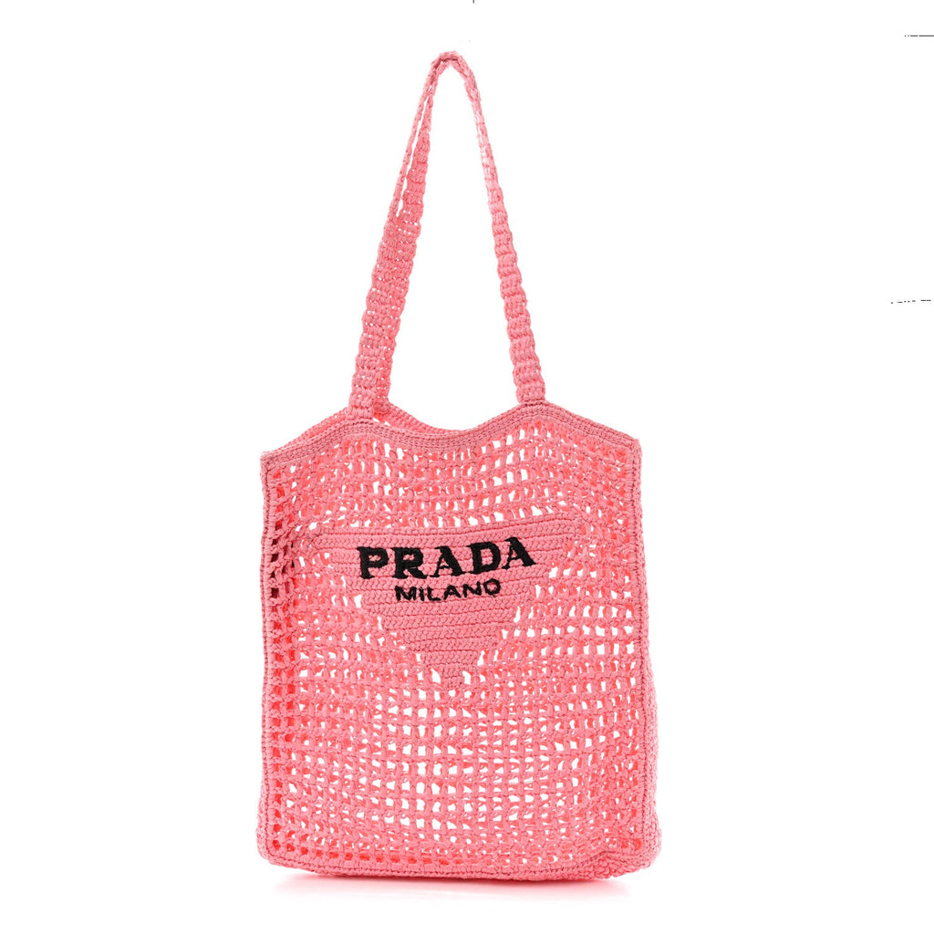 Prada Yarn Raffia Effect Crochet Logo Embroidered Tote Bag Petalo