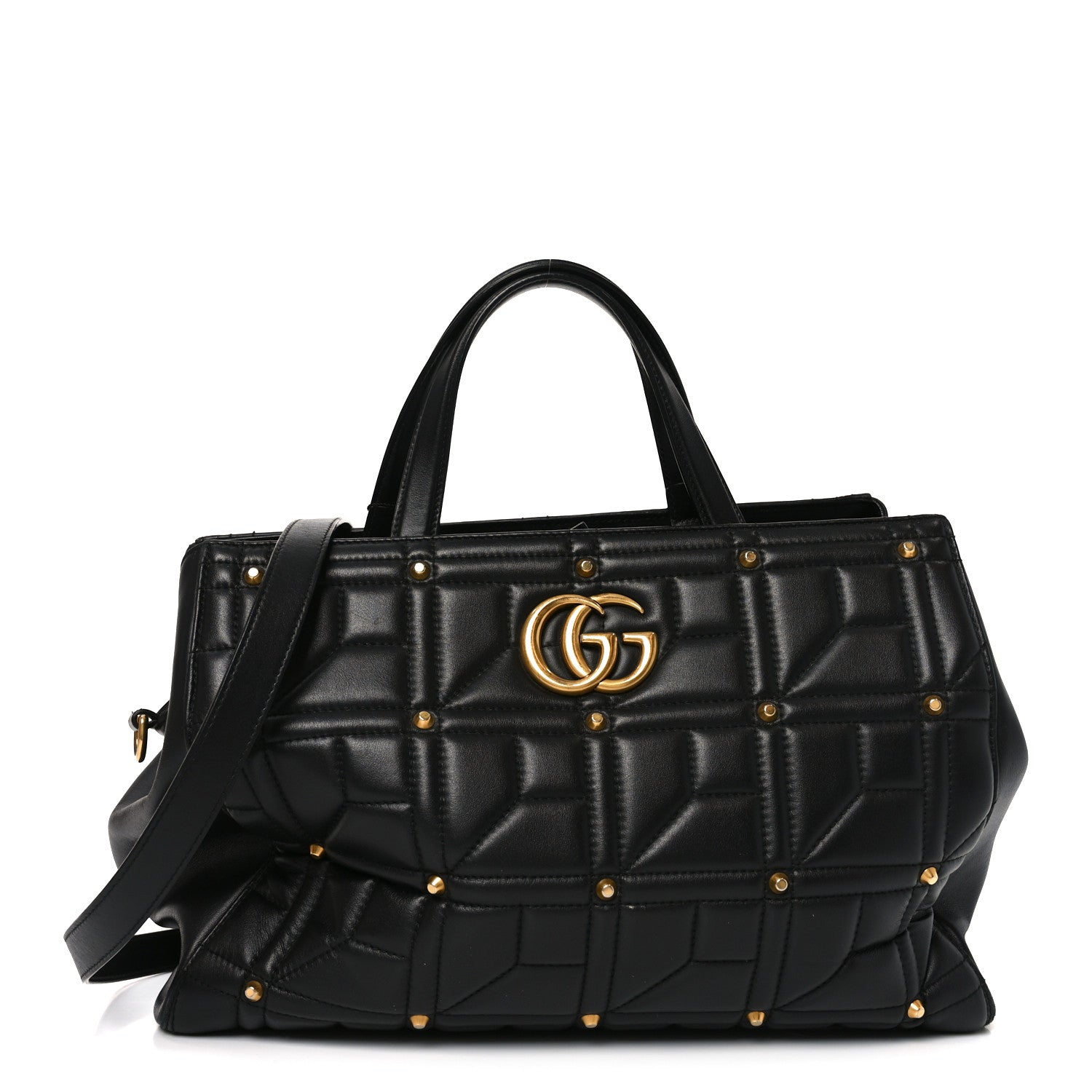 Gucci Calfskin Matelasse Studded Medium GG Marmont Tote Black