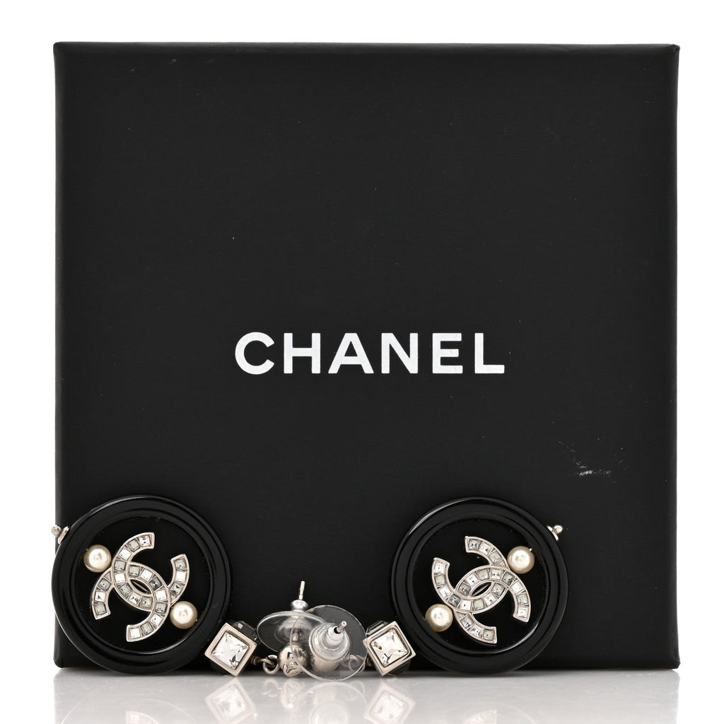 Metal Resin Crystal Pearl CC Drop Earrings Black Silver