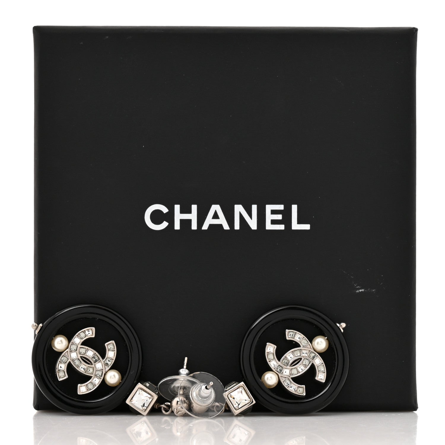 Metal Resin Crystal Pearl CC Drop Earrings Black Silver