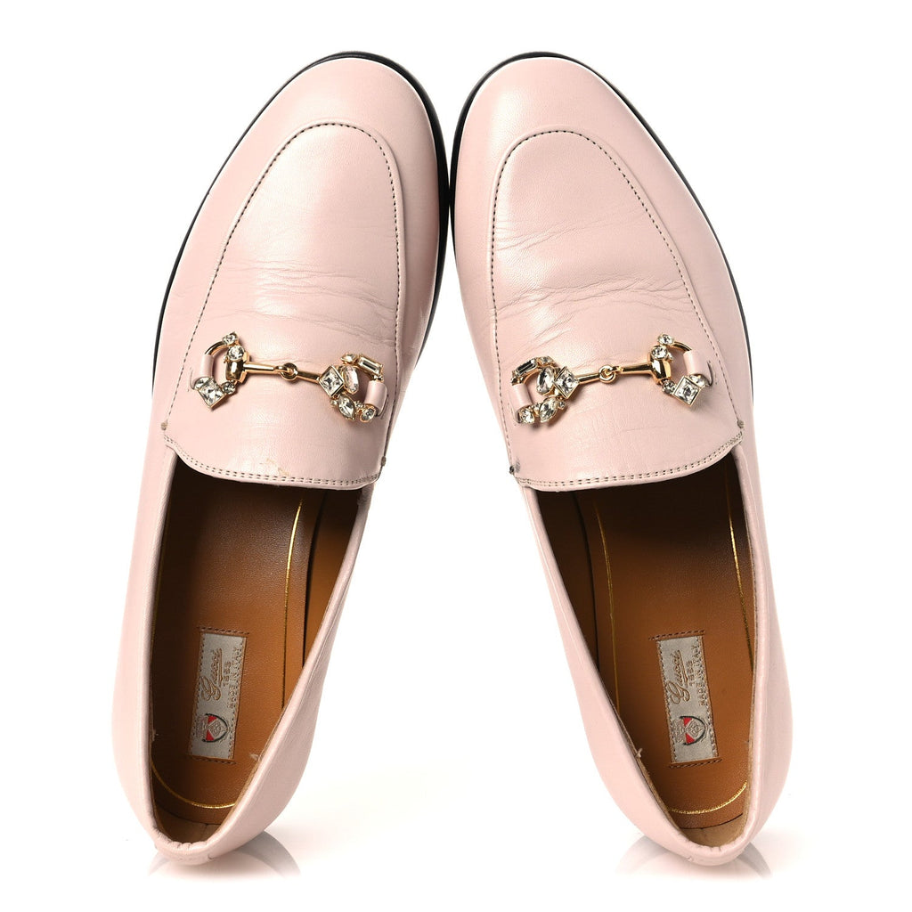 Gucci Malaga Kid Crystal Horsebit Womens Jordaan Loafers 37 Pink Hibiscus