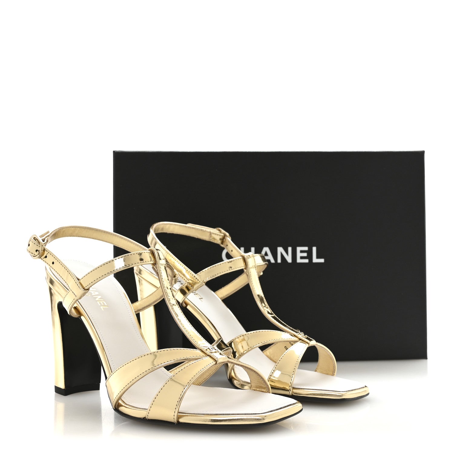 Laminated Calfskin Block Heel Sandals 39 Gold
