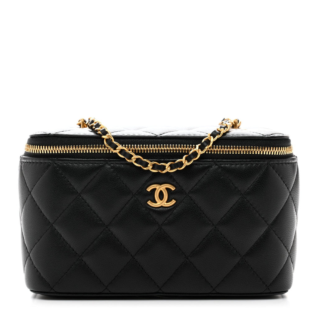 Chanel Lambskin Enamel Quilted Small Coco Hearts Vanity Case With Chain Black