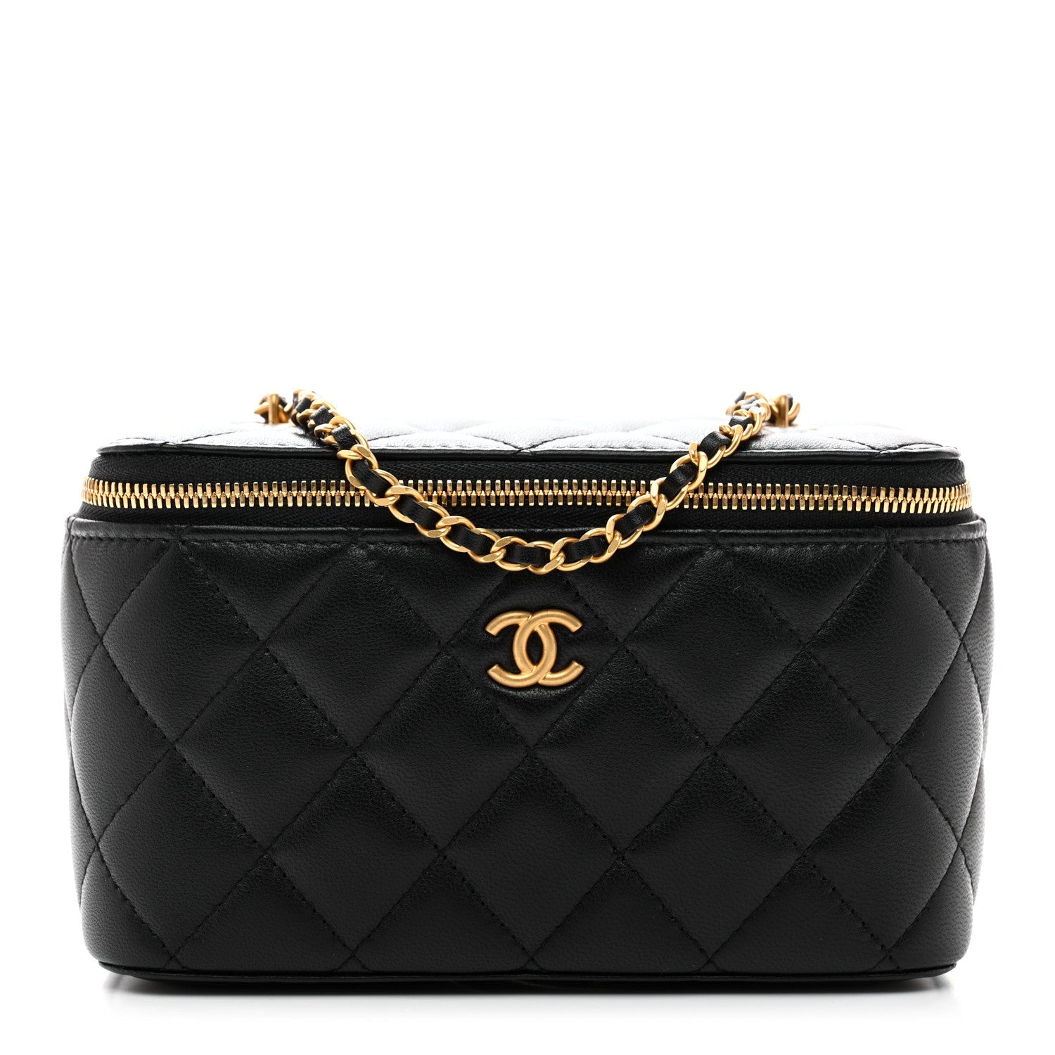 Chanel Lambskin Enamel Quilted Small Coco Hearts Vanity Case With Chain Black