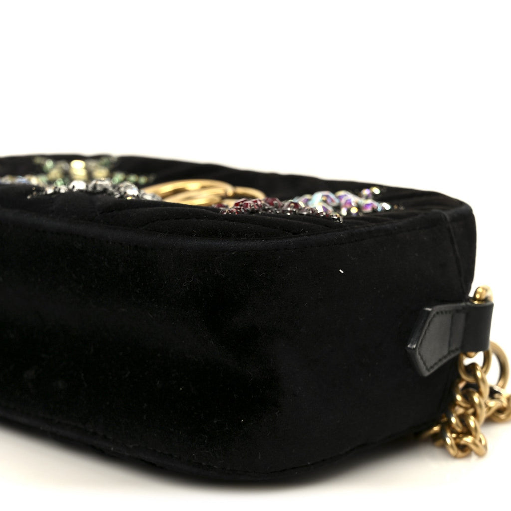Gucci Velvet Matelasse Crystal Star Embroidered Small GG Marmont Chain Shoulder Bag Black