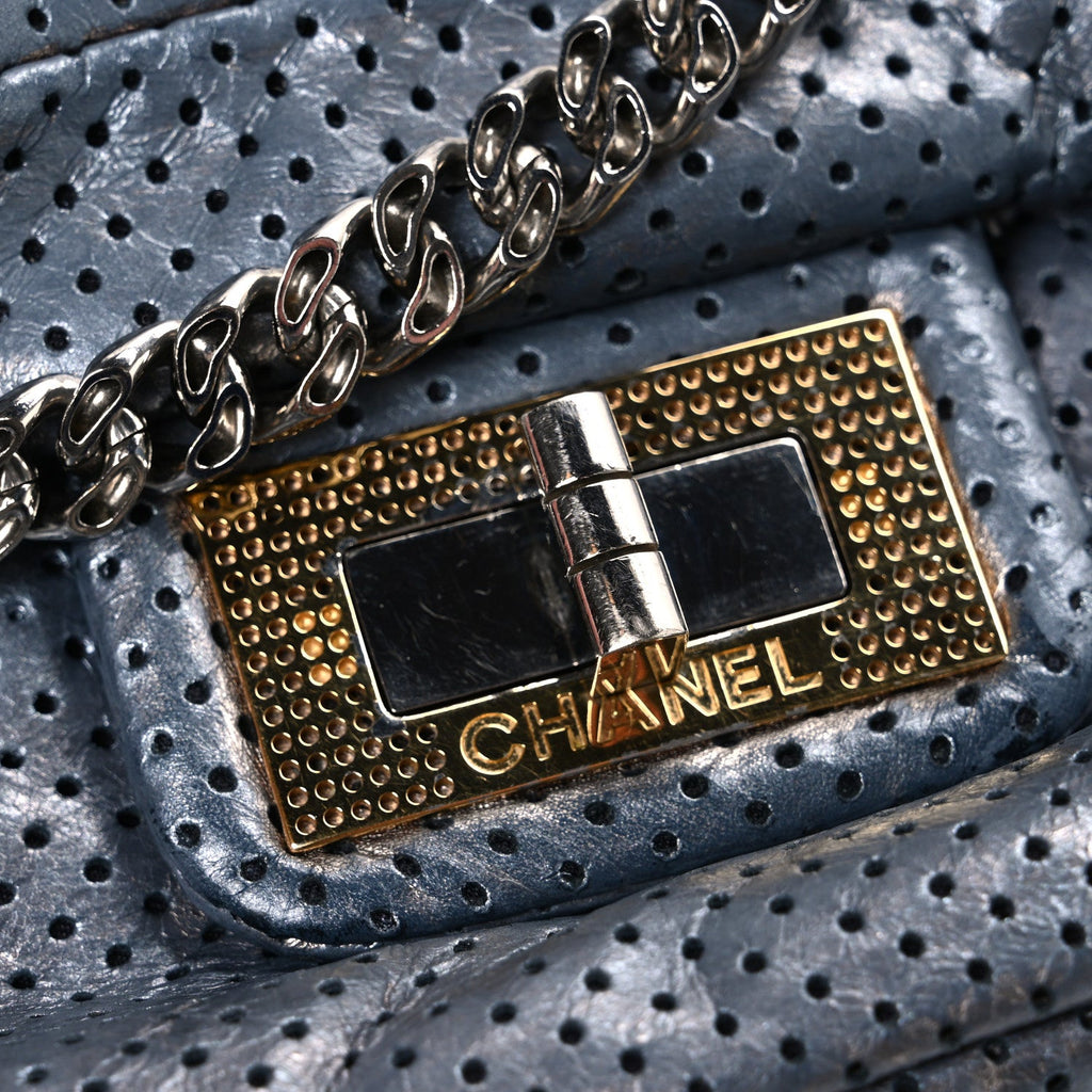 Chanel Metallic Crackled Calfskin Perforated Drill Flap Silver
