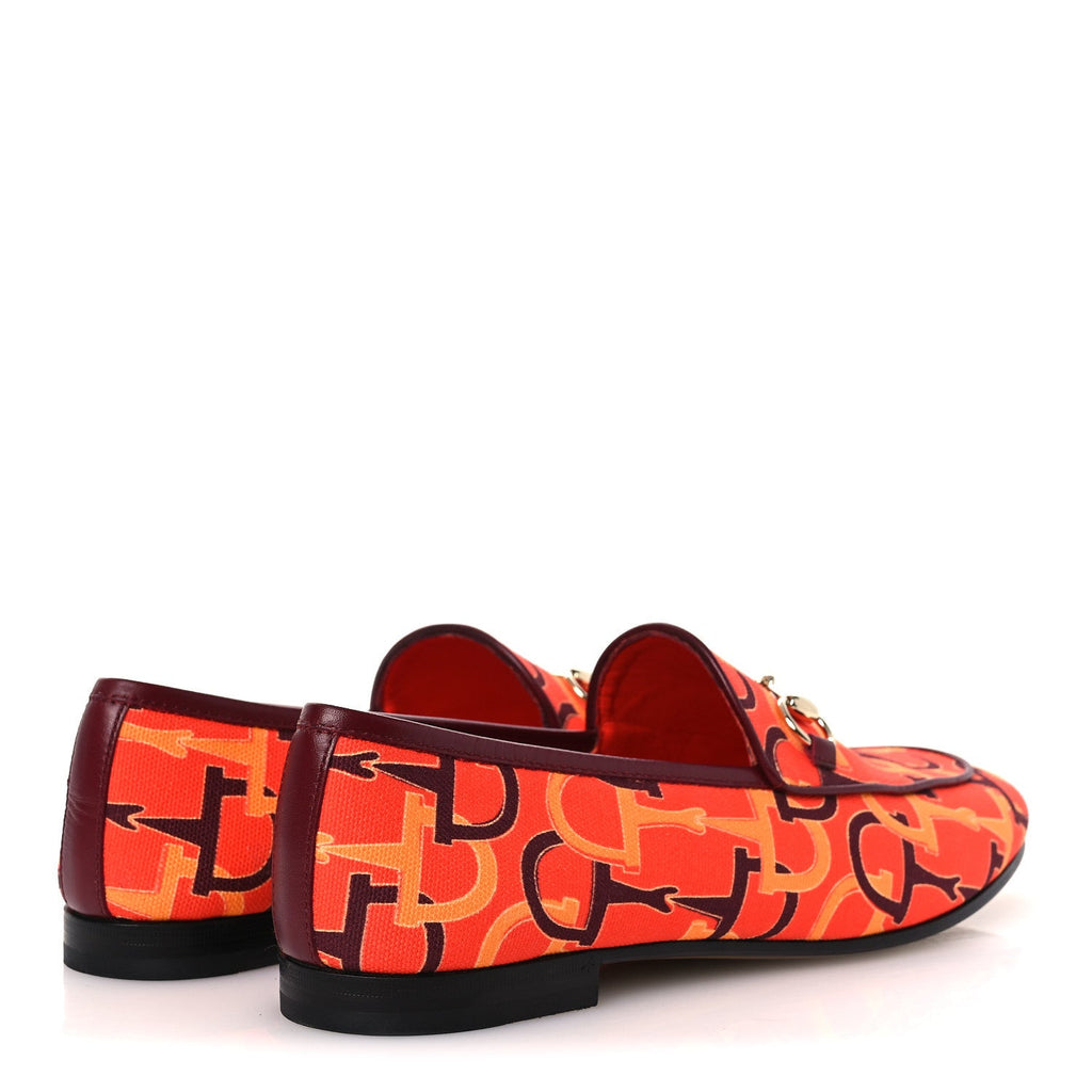 Gucci Betis Glamour Canvas Horsebit Print Womens Jordaan Loafers 39.5 Orange Red Rosso Ancora