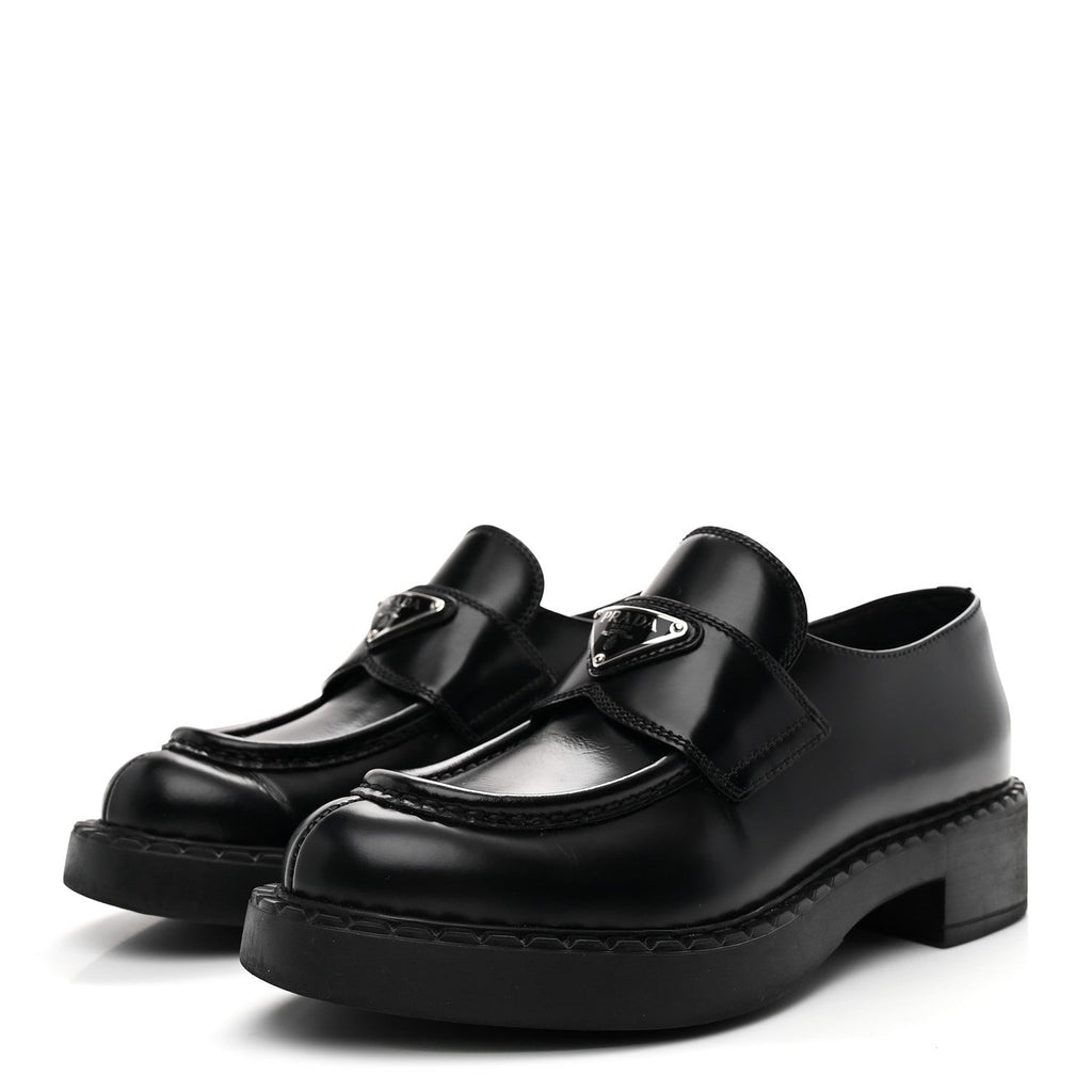 Prada Spazzolato Metal Triangle Logo 50mm Loafers 36 Black