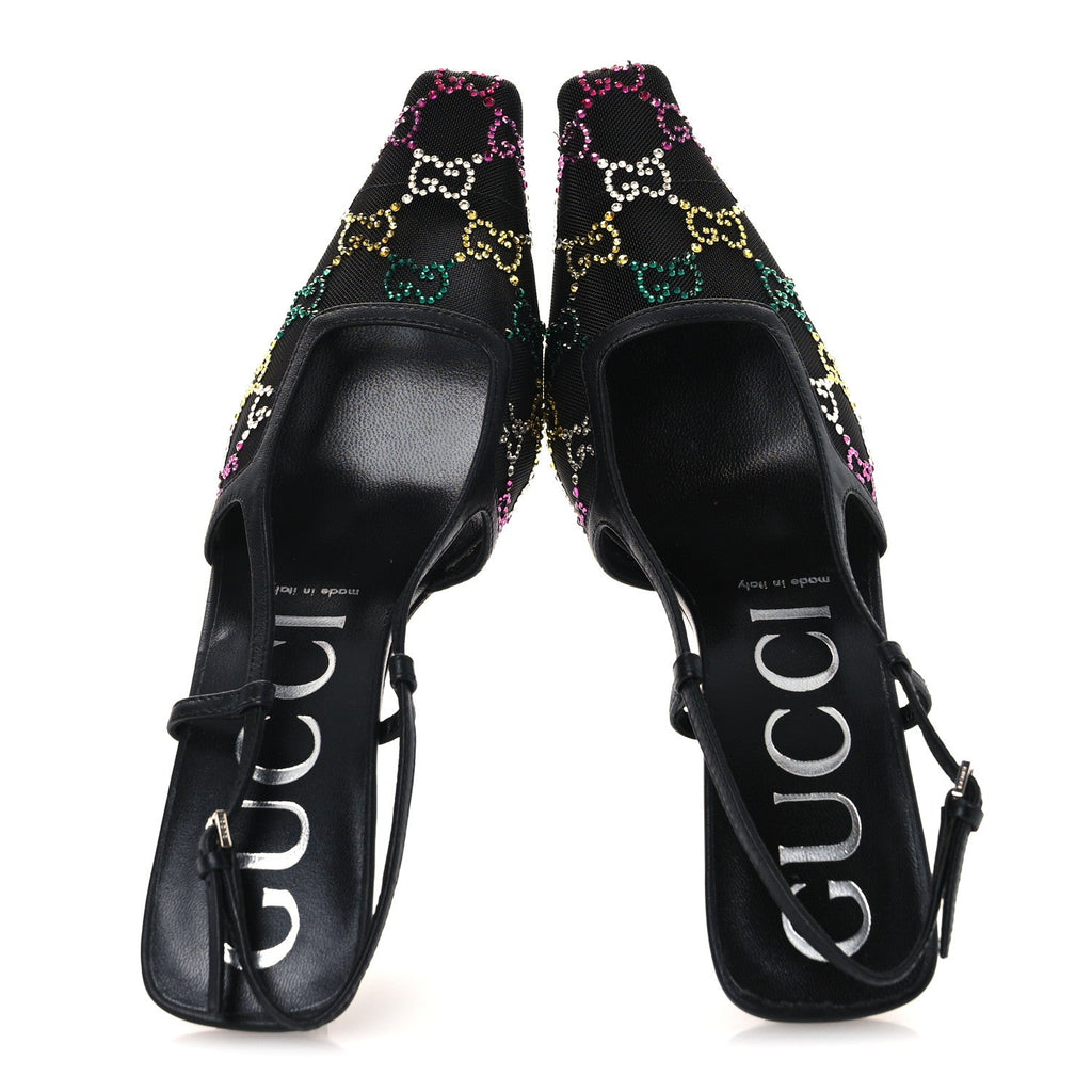 Gucci Tela Retino Nappa Charlotte Crystal GG Monogram Square G 75mm Slingback Pumps 37 Black