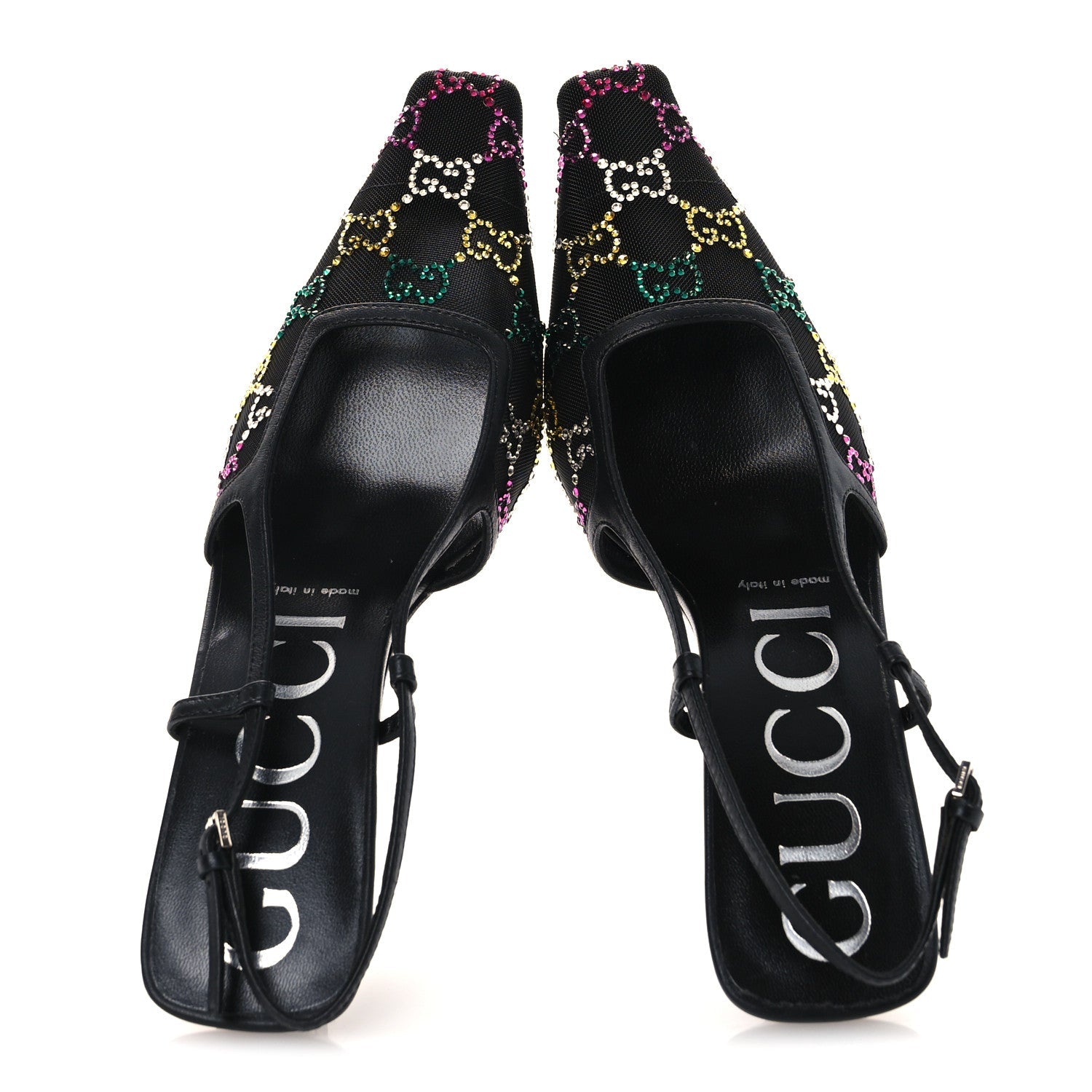 Gucci Tela Retino Nappa Charlotte Crystal GG Monogram Square G 75mm Slingback Pumps 37 Black