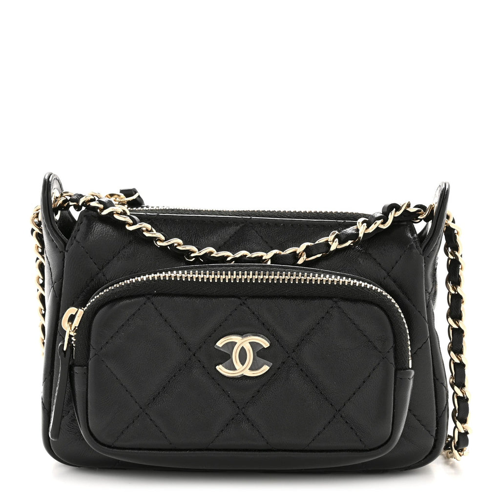 Chanel Shiny Crumpled Lambskin Quilted Mini Clutch With Chain Black
