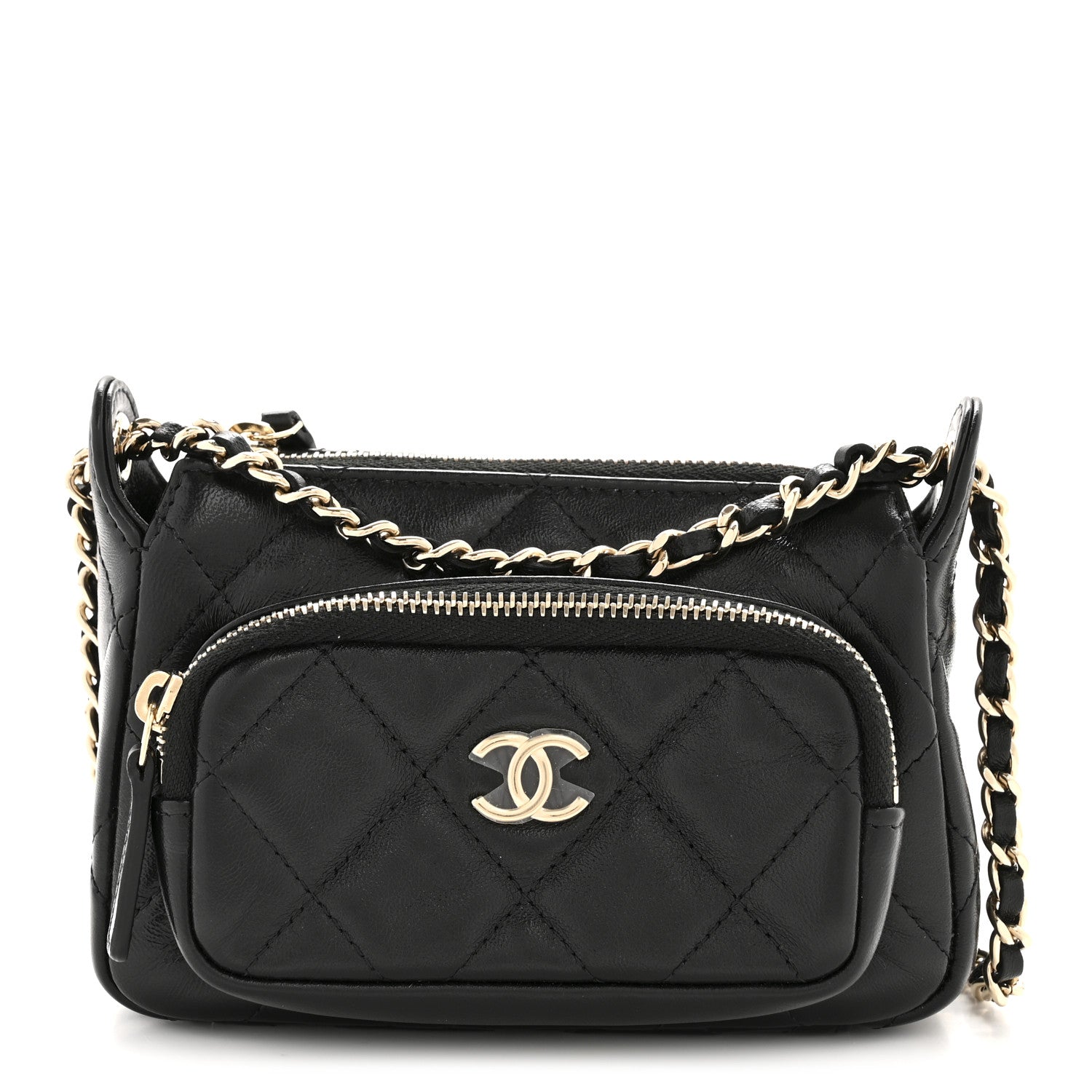 Chanel Shiny Crumpled Lambskin Quilted Mini Clutch With Chain Black