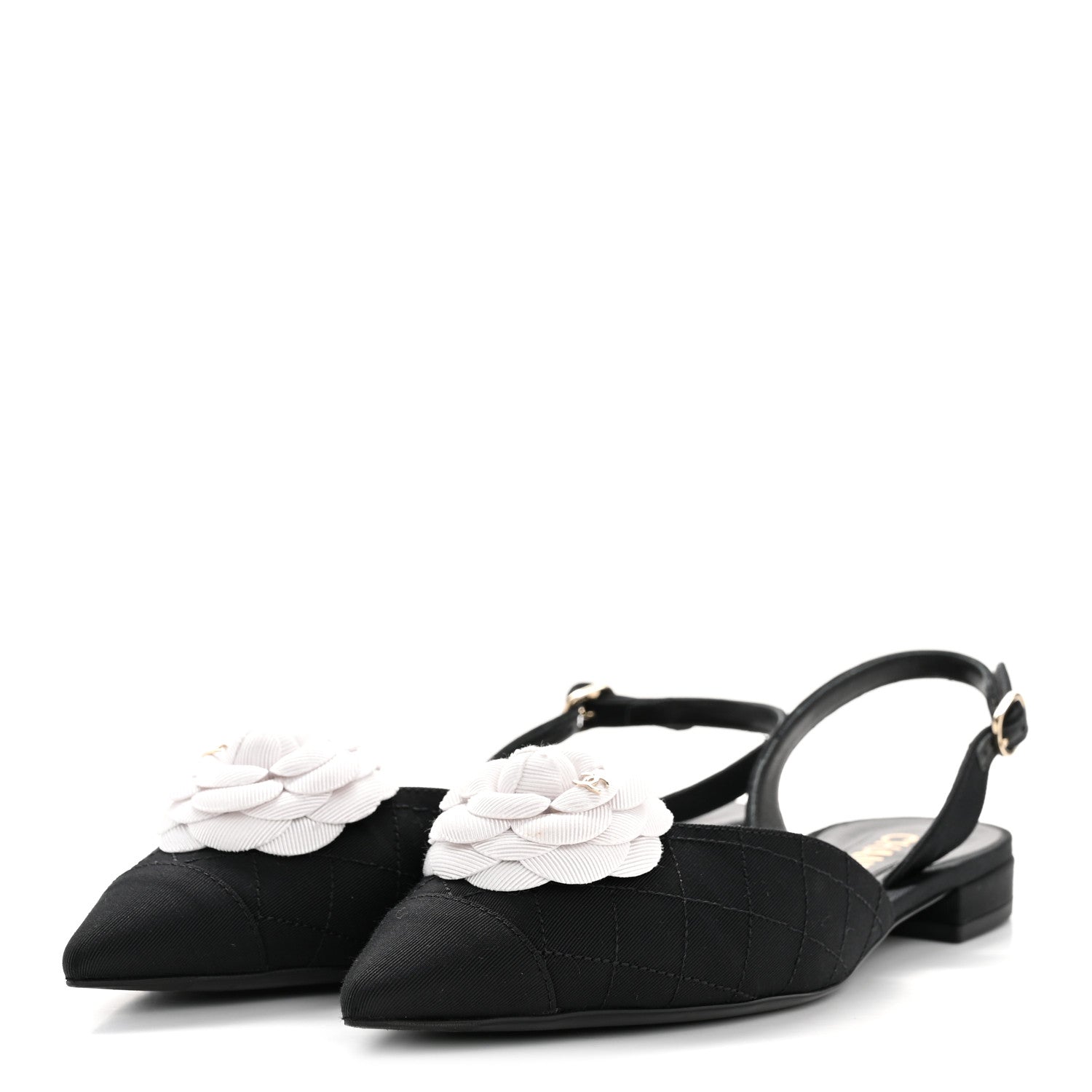 Grosgrain Camellia Slingback Flats 39.5 Black White