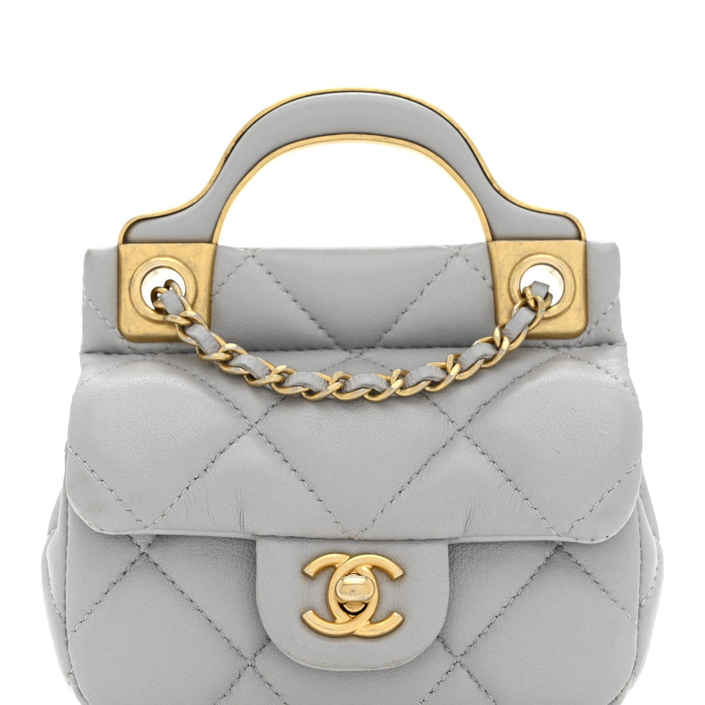 Chanel Calfskin Quilted Lady Handle Flap Card Holder With Chain Grey