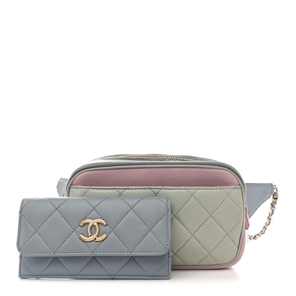 Chanel Goatskin Quilted Waist Bag Green Blue Pink